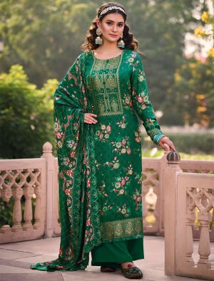 Rich Green Pure Muslin Jacquard Woven Palazzo Suit small FABSL21453