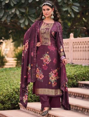 Wine Pure Muslin Jacquard Woven Palazzo Suit small FABSL21454