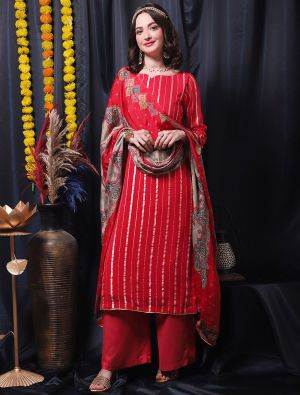 Bright Red Pure Georgette Designer Salwar Kameez small FABSL21470