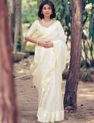Cream Organza Saree With Embroidered Satin Blouse