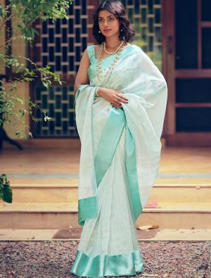 Ice Green Organza Saree With Embroidered Satin Blouse