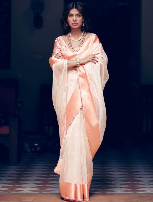 Peach Organza Saree With Embroidered Satin Blouse