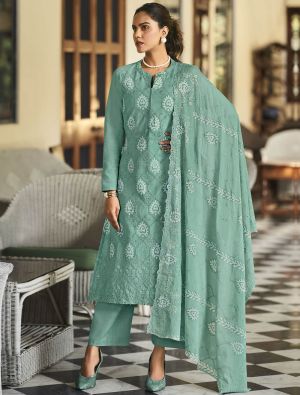 Turquoise Pure Cotton Salwar Kameez With Resham Work small FABSL21489