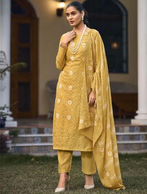 Yellow Pure Cotton Salwar Kameez With Resham Work small FABSL21488