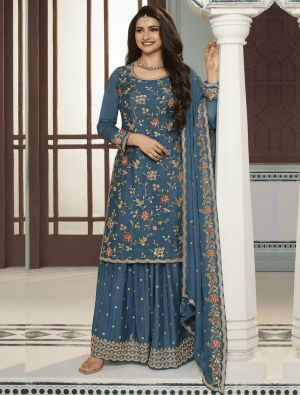 Teal Blooming Chinon Silk Semi Stitched Sharara Suit small FABSL21786