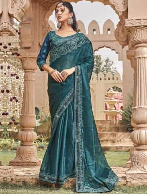Teal Blooming Shimmer Georgette Embroidered Saree