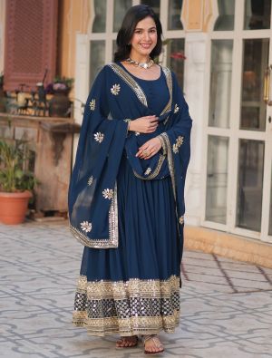 teal blue georgette anarkali gown with dupatta fabgo20352