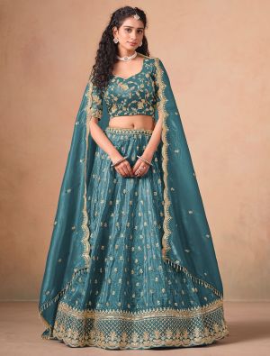 Teal Blue Organza Embroidered Wedding Lehenga Choli small FABLE20501