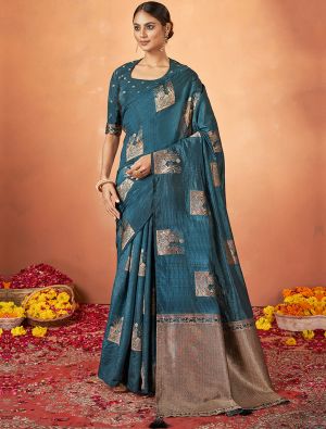 Teal Blue Tussar Silk Festive Wear Woven Saree
