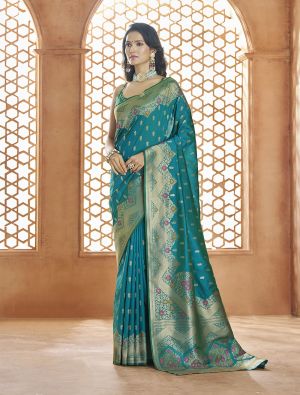 Teal Blue Zari Woven Banarasi Art Silk Saree