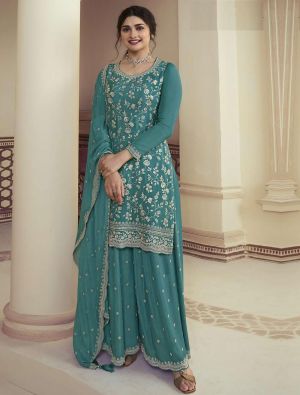 Teal Chinon Semi Stitched Embroidered Palazzo Suit small FABSL21802