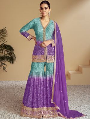 Teal Chinon Semi Stitched Sharara Suit small FABSL22041