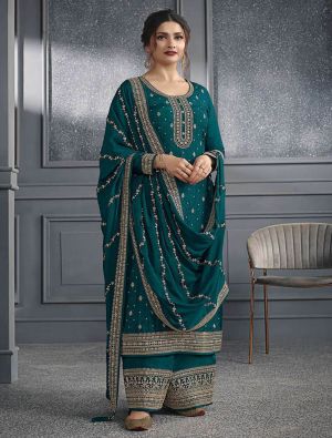 Teal Green Dola Silk Semi Stitched Salwar Kameez small FABSL21892