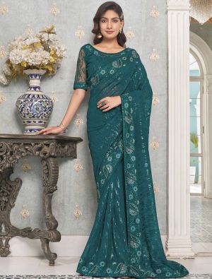 Teal Premium Georgette Saree With Sequins Embroidery