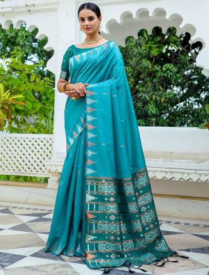 Teal Tussar Silk Saree With Silver And Copper Zari Weaves