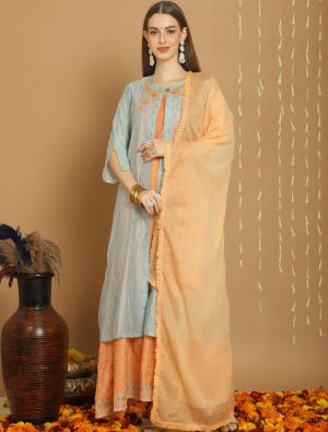 Turquoise Chanderi Silk Semi Stitched Salwar Suit small FABSL21729