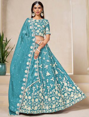 Turquoise Gold Crush Embroidered Lehenga Choli small FABLE20465