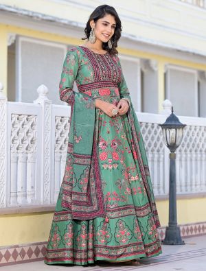 turquoise green dola silk premium gown with dupatta fabgo20308