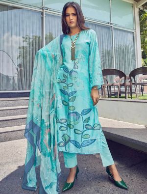 Turquoise Muslin Digital Printed Elegant Salwar Kameez small FABSL22023