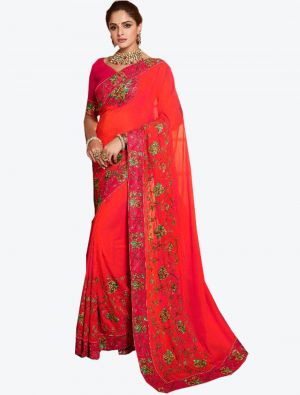 Bright Red Dola Silk Designer Saree small FABSA20775