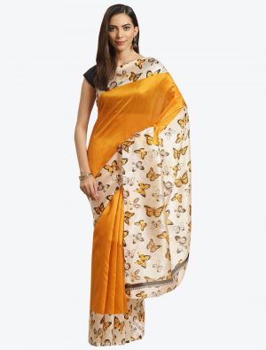 Cream and Yellow Bhagalpuri Art Silk Designer Saree small FABSA20883