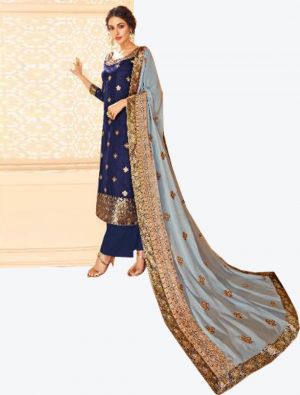 Dark Blue Dolla Jacquard Straight Suit with Dupatta small FABSL20288