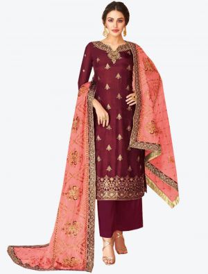 Maroon Dolla Jacquard Straight Suit with Dupatta small FABSL20290