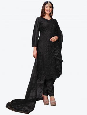 Black Net Semi Stitched Designer Suit with Dupatta small FABSL20298