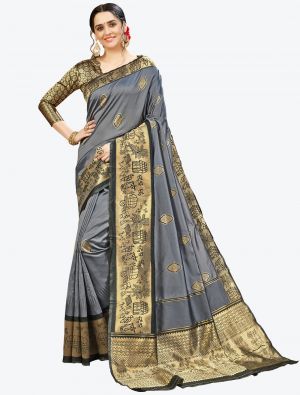Bluish Grey Banarasi Silk Designer Saree small FABSA20927
