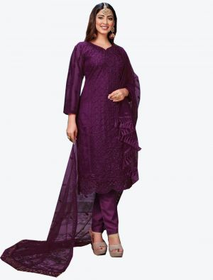 Dark Purple Net Semi Stitched Designer Suit with Dupatta small FABSL20299