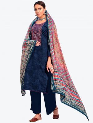 Navy Blue Cotton Semi Stitched Plazzo Suit with Dupatta small FABSL20346