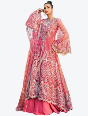 Pink Butterfly Net Semi Stitched Floor Length Suit with Dupatta small FABSL20335