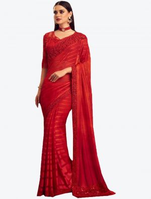 Bright Red Silk Designer Saree small FABSA20958