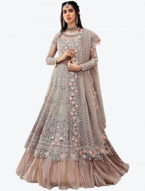 Dusty Pink Embroidered Net Semi Stitched Floor Length Suit with Dupatta small FABSL20361