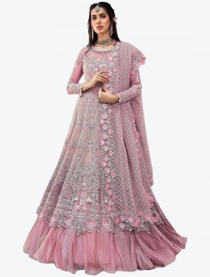 Light Pink Embroidered Net Semi Stitched Floor Length Suit with Dupatta small FABSL20363