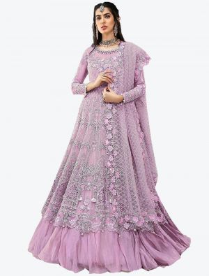 Light Purple Embroidered Net Semi Stitched Floor Length Suit with Dupatta small FABSL20362