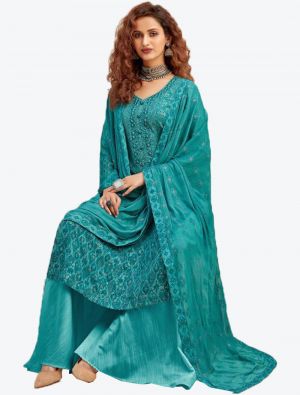 Teal Blue Pure Viscose Chinon Chiffon Dress Material with Dupatta small FABSL20378