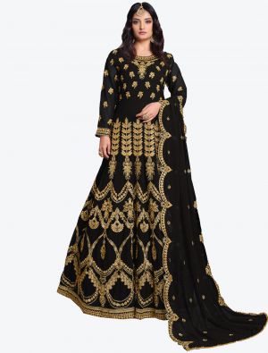 Black Faux Georgette Semi Stitched Anarkali Floor Length Suit with Dupatta small FABSL20421