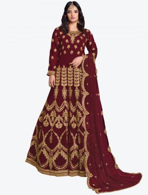 Maroon Faux Georgette Semi Stitched Anarkali Floor Length Suit with Dupatta small FABSL20424