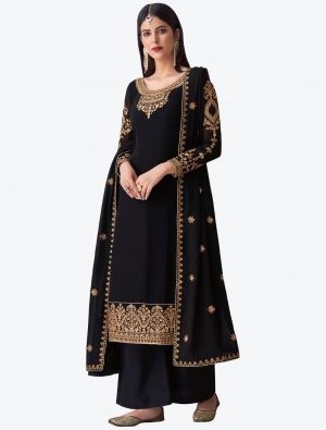 Black Pure Georgette Diamond Embroidered Palazzo Suit small FABSL20482