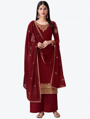 Deep Red Pure Georgette Diamond Embroidered Palazzo Suit small FABSL20478