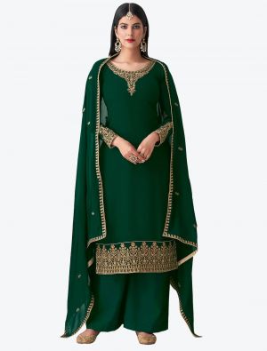 Forest Green Pure Georgette Diamond Embroidered Palazzo Suit small FABSL20480