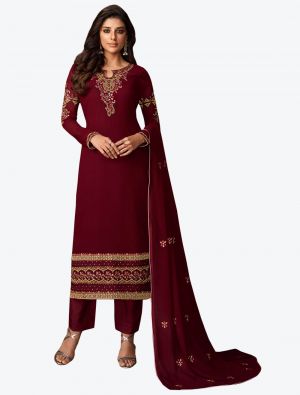 Maroon Faux Georgette Straight Suit with Embroidered Stone Work small FABSL20505