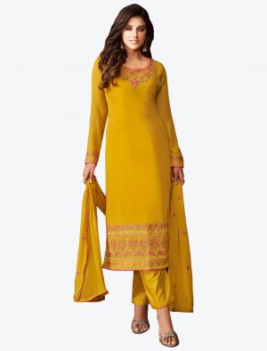 Mustard Yellow Faux Georgette Straight Suit with Embroidered Stone Work small FABSL20507