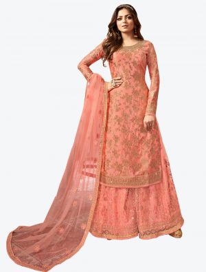 Peach Heavy Jacquard Diamond Embroidered Palazzo Suit FABSL20485