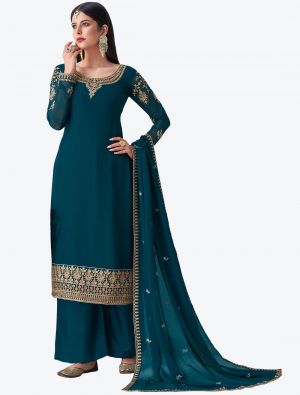 Teal Blue Pure Georgette Diamond Embroidered Palazzo Suit small FABSL20483