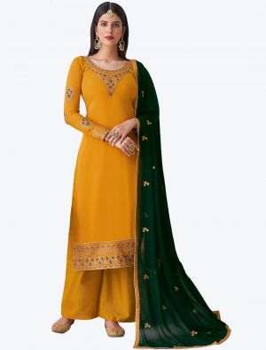 Warm Yellow Pure Georgette Diamond Embroidered Palazzo Suit small FABSL20479