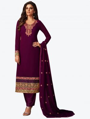 Wine Faux Georgette Straight Suit with Embroidered Stone Work small FABSL20510