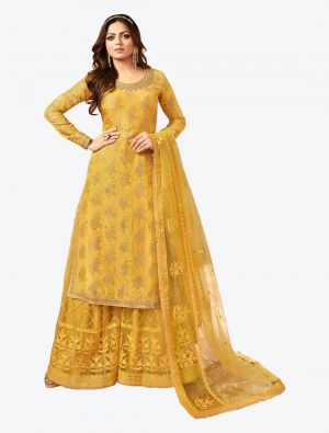 Yellow Heavy Jacquard Diamond Embroidered Palazzo Suit FABSL20488