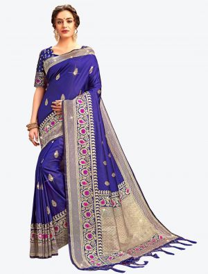 Bluish Purple Embroidered Zalar Work Banarasi Silk Designer Saree small FABSA21131